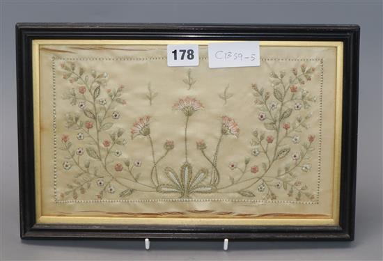 An Art & Crafts embroidered silk panel 17 x 30cm